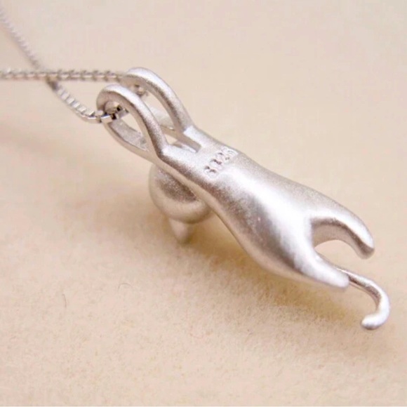 Dainty “Hang in There” Cat Necklace Pendant in 925 Sterling Silver (20''-22'') - Picture 2 of 4